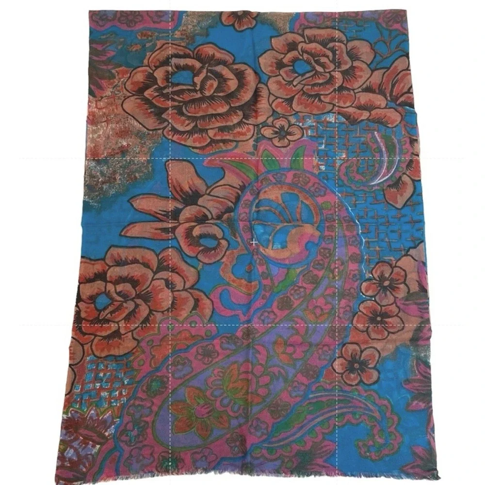 Chinar Floral Paisley Scarf Wrap Womens Blue Pink 100% Wool Boho Shawl